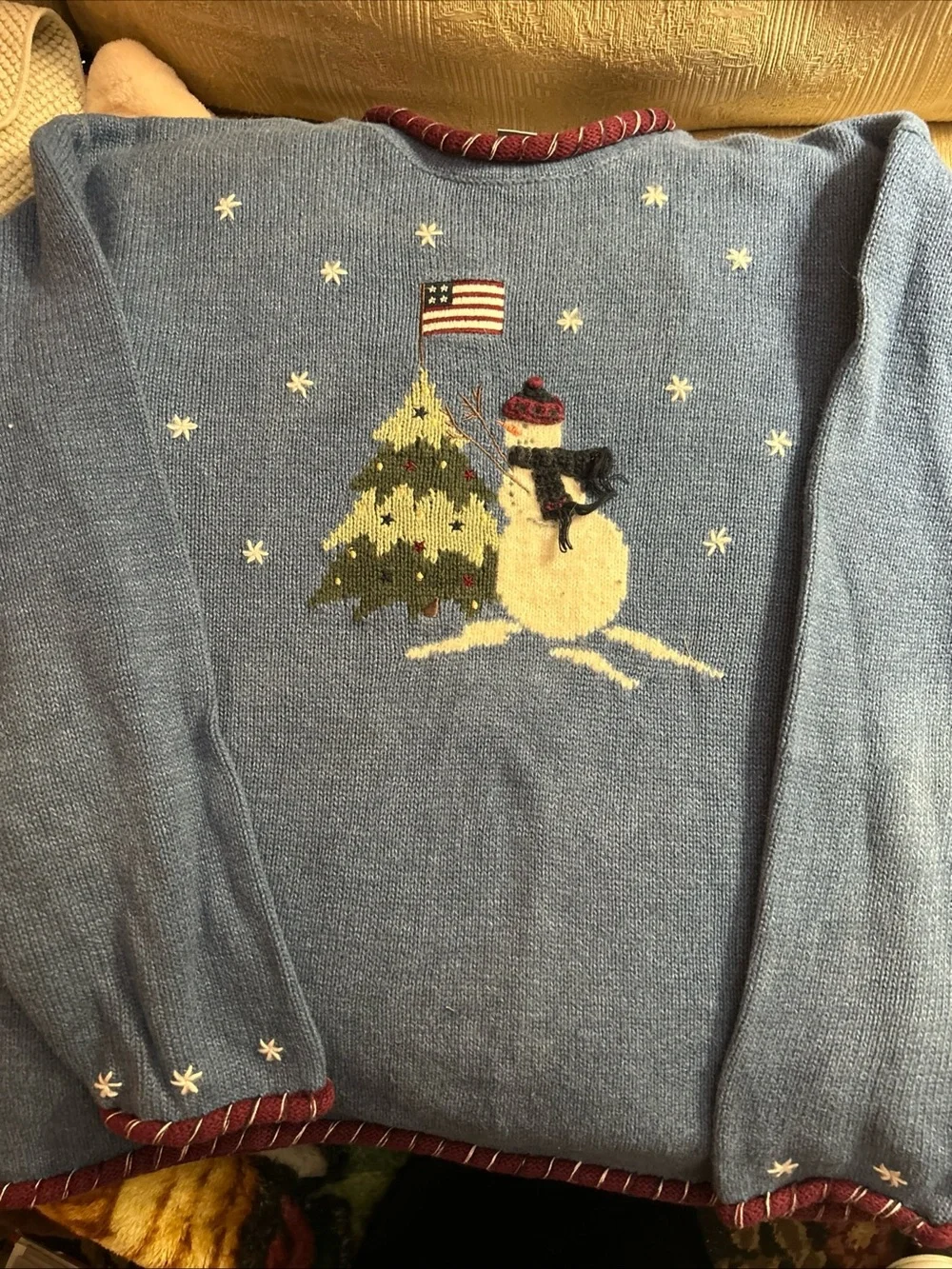 Christopher & Banks Light Blue Snowman, Tree and Flag  Crewneck Sweater